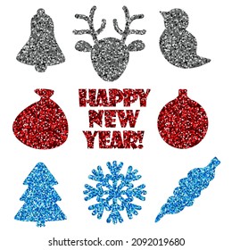 Vector set of Christmas elements. Glitter silver, red, blue snowflake, tree, deer, tree toy, bell, bird, inscription Happy New Year isolated on white background.
