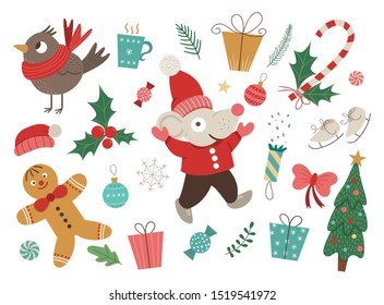 Vector set of Christmas elements with mouse in red hat and jacket with hands up isolated on white background. Cute funny illustration of 2020 year symbol. Christmas or New year flat style picture