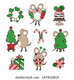 Vector set of Christmas elements in red and green colors. Christmas tree, mice, gifts, decor. Christmas elements for stickers, cards, invitations, backgrounds and other things