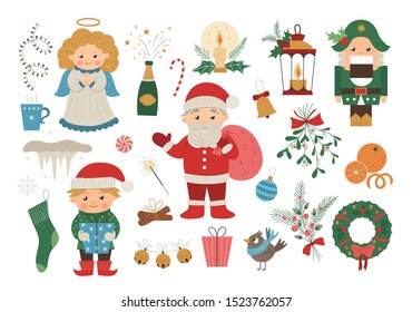 Vector set of Christmas elements with Santa Claus in red hat with sack, angel, nutcracker, elf isolated on white background. Cute funny flat style illustration for decorations or new year design