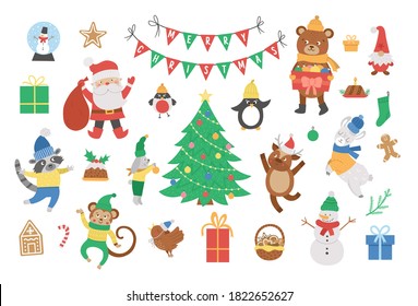 Vector set of Christmas elements with Santa Claus in red hat with sack, deer, fir tree, presents isolated on white background. Cute funny flat style illustration for decorations or new year design.
