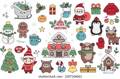 Vector set of Christmas elements with Santa Claus, reindeer, animals, elf, stocking, fir tree, house with ornament. Cute funny kawaii illustration for kids.  New year holiday cartoon icons pack
