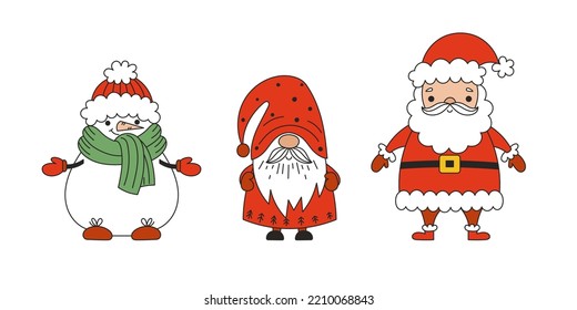 Vector set of Christmas elements: Santa Claus gnome and snowman. Winter holiday symbol collection isolated on white background.