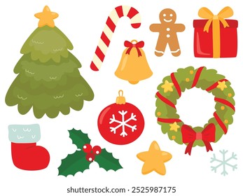 Vector set of Christmas elements with Santa Claus, gingerbread man, gift, stocking, fir tree, bell. Cute funny kawaii illustration for kids. New year holiday cartoon icons pack