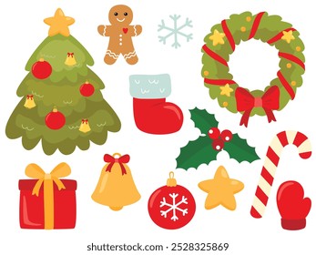 Vetor conjunto de elementos de Natal com Papai Noel, gengibre homem, presente, estoque, abeto, sino. Ilustração divertida engraçada do kawaii para crianças. Pacote de ícones de desenhos animados de feriado de ano novo