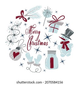 Vector set of christmas elements in Scandinavian style on white round background with snowman, gift box, christmas ball, mittens, garland