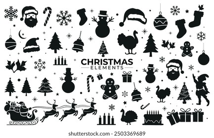 Vector conjunto de Navidades Elementos siluetas. Papá Noel, trineo, reno, árbol, elfo, pan de jengibre, caña de caramelo, muñeco de nieve, medias, sombrero, campanas, pavo, etc