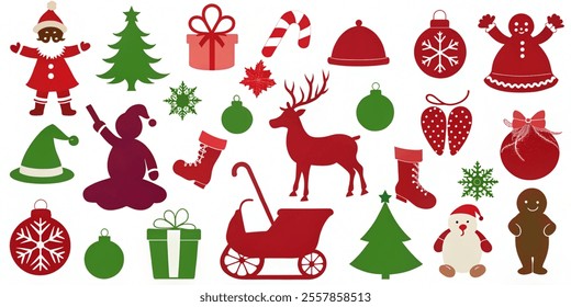 Vector set of Christmas Elements silhouettes. Santa Claus, sleigh, reindeer, tree, elf, gingerbread, candy cane, snowman, stocking, hat, bells, turkey etc vector illustration white background.