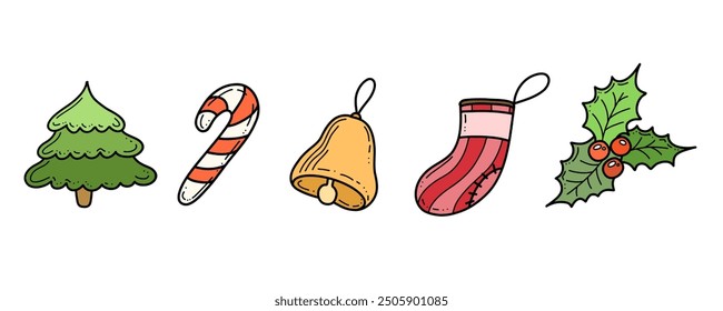 Vector set of Christmas elements. Christmas tree, stocking, bell, candy cane and holly flower. New Year and Christmas design and decoration, colorful doodles. Cute holiday stickers