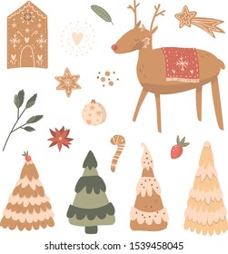 Vector Set of Christmas elements: Xmas deer, ginger house, fir branches, xmas trees, dessert, candy, poinsettia, decor. Perfect for stickers and cards