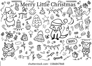 Vector set of christmas, christmas eve. Hand drawing winter Doodle illustration. Backgrounds with snowman, fox, owl, mouse, tree and etc. Coloring page adult and kids. Vector illustration.