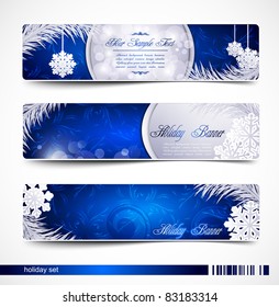 Vector set of Christmas festive banners with snowflakes and silver fir twig