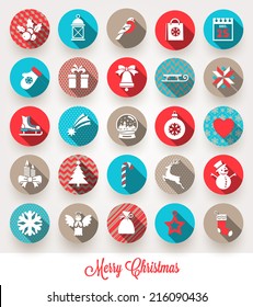 Vector set of Christmas flat icons with long shadows
