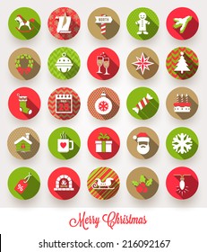 Vector set of Christmas flat icons with long shadows