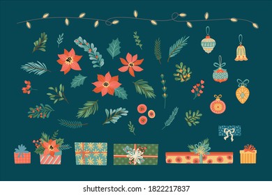 Vector set of Christmas floral elements. Needles, flowers, leaves, berries, gifts and toys. Design elements