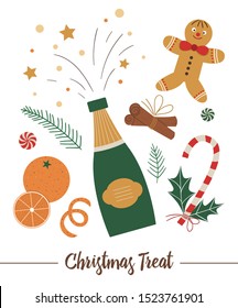 Vector set of Christmas food elements with champagne isolated on white background. Flat style illustration with yummy traditional treats for decorations or new year design