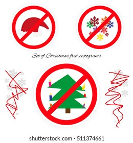 Vector set of "Christmas free" pictograms. Icons with christmas symbols stylized in road sign (stop). Set of pictograms against omnipresent Christmas advertising.