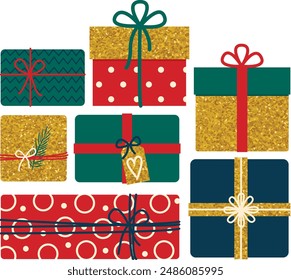 Conjunto de Vector de cajas de regalo de navidad en colores verde, rojo, azul y dorado. Lindos objetos dibujados a mano en estilo plano	