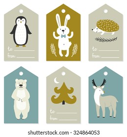 Vector set of Christmas gift tag labels with cute animals: reindeer, penguin, rabbit, polar bear, urchin. Vintage cards with winter elements.