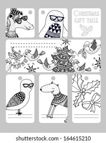 vector set of Christmas gift tags with funny animals