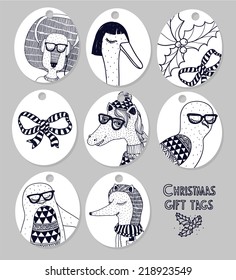 Vector set of Christmas gift tags with funny animals
