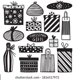 vector set of christmas gifts hand drawn doodle