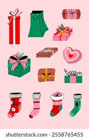 Conjunto de Vector de regalos de Navidad y calcetines con decoraciones de Navidad, diferentes envolturas de vacaciones aisladas en el fondo. Elementos de vacaciones dibujados a mano