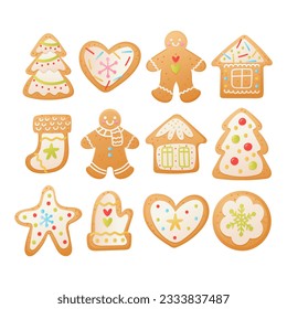 Vector set of Christmas gingerbread in cartoon flat style. Holiday cookies - christmas tree, gingerbread man, star, house, heart isolated on white background