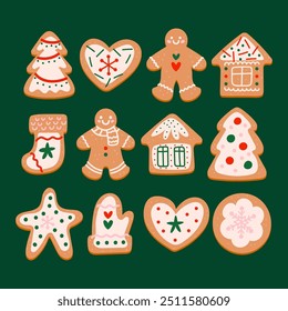 Vector set of Christmas gingerbread in cartoon flat style. Holiday cookies - christmas tree, gingerbread man, star, house, heart isolated on green background