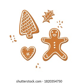 Vektor Set von Weihnachten Lebkuchen - Baum, Mann, Blatt, weißer Hintergrund. Handgezeichnete Illustration.