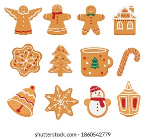 Vector Set Of Christmas Gingerbread Cookies In Different Shapes. Angel, House, Tree, Snowflake, Cup, Bell, Snowman, Lantern, Cane, Gingerbread Man. Isolated On White.