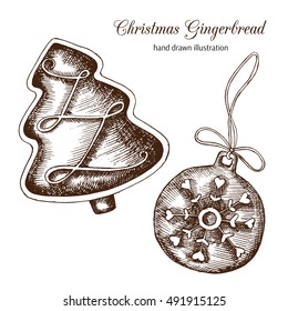 Vector set of Christmas gingerbread hand-drawn. Sketch. Vintage style. Christmas tree and gingerbread with snowflake. Happy New Year.

	
