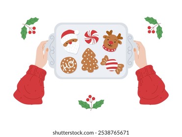 Vector set Christmas gingerbread, holiday cookies. Christmas gingerbread, cookie covered with sugar icing, sweet glaze. Christmas and New Year traditional baking, dessert. Flat vector illustration