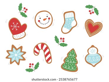 Vector set Christmas gingerbread, holiday cookies. Christmas gingerbread, cookie covered with sugar icing, sweet glaze. Christmas and New Year traditional baking, dessert. Flat vector illustration 