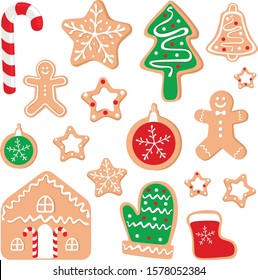 Vector set of Christmas gingerbread. Gingerbread of various shapes - balls, Christmas tree, star. 