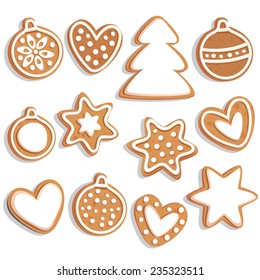 Juego de vectores de pan de jengibre de Navidad. Pan de jengibre de diversas formas - bolas, árbol de Navidad, estrella, corazón. Ilustración navideña.