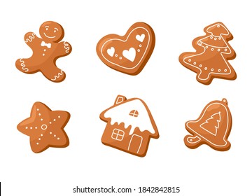 Vector set of Christmas gingerbreads: gingerbread house, gingerbread man, Christmas tree, bell, star, heart. Festive illustration on a white background