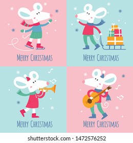 Vector set of Christmas greeting cards with cute white mice