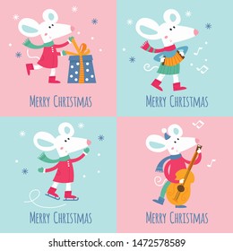 Vector set of Christmas greeting cards with cute white mice