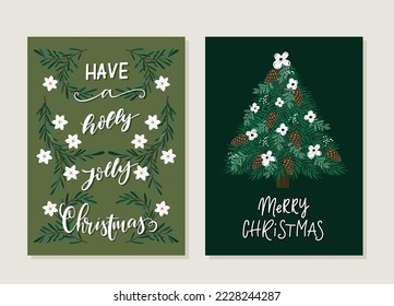 Vector set of Christmas greeting cards with Winter botanical and lettering