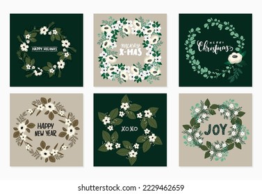 Vector set of Christmas greeting cards with Winter botanical and lettering