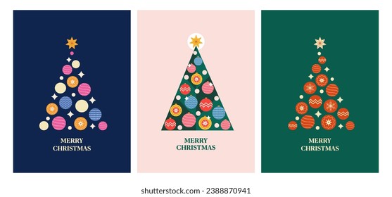 Vector set of Christmas greeting cards, banners, backgrounds with stylised Christmas trees. Templates for vertical posters, paper bags, social media posts in flat style.