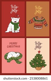 Vector set of Christmas greeting cards with cute cartoon characters. Vector illustration.