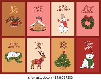 Vector set of Christmas greeting cards with cute cartoon characters. Vector illustration.