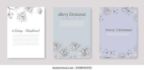 Vector Set of Christmas Greeting Cards with Christmas Tree Branches, Floral Elements. Xmas Banner Set with Winter Holiday Elements, Perfect for Wall Art, Prints, Social Media, Posters, Invitations