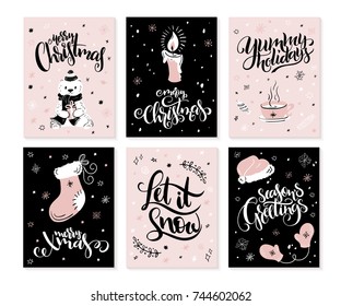 vector set of christmas greeting cards with hand lettering phrases and decorative elements and characters.