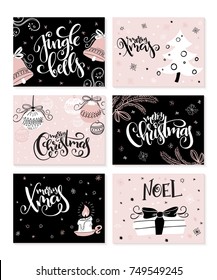 vector set of christmas greeting cards with hand lettering phrases and decorative elements and characters.