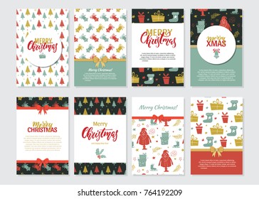Vector Set of Christmas greeting cards, brochures in vintage style. Winter seasons and Christmas symbols with ribbons and text. Xmas design.
