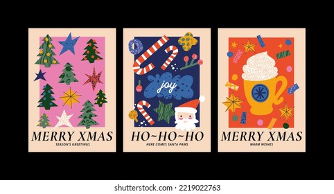 Vector set of Christmas greetings art posters with different traditional decoration in contemporary modern trendy style