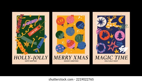 Vector set of Christmas greetings art posters with different traditional decoration in contemporary modern trendy style